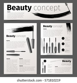 Mascara fashion cards, banners, flyer or brochure with realistic vector cosmetic objects, applicator brush and containers