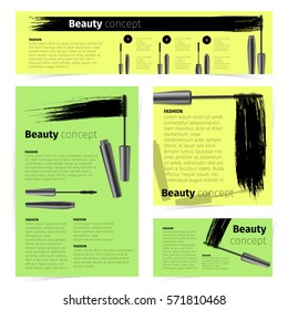 Mascara fashion cards, banners, flyer or brochure with realistic vector cosmetic objects, applicator brush and containers