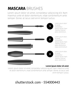 Mascara fashion infographic with realistic vector cosmetic objects and texts