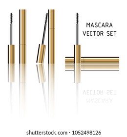 Mascara gold tubes with brushes set. Luxury cosmetic products vector 3D illustration.