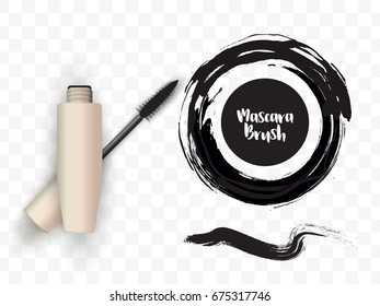 Mascara golden tube, brush stroke, circle isolated on transparent background. Realistic vector black mascara smudge, cosmetics elements concept. 