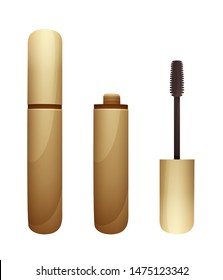Mascara in golden tube, closed and opened view with a brush. Vector illustration isolated on white background in flat cartoon style