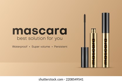 Mascara in golden tube container brush promo banner realistic vector illustration. Eyelashes beauty cosmetic premium package product luxury facial makeover ink paint waterproof super volume persistent