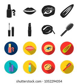 Mascara, hairbrush, lipstick, eyebrow pencil,Makeup set collection icons in black,flet style vector symbol stock illustration web.