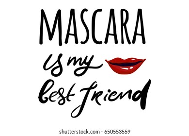 Mascara. Hand drawn tee graphic.T shirt hand lettered calligraphic design. Fashion style illustration.