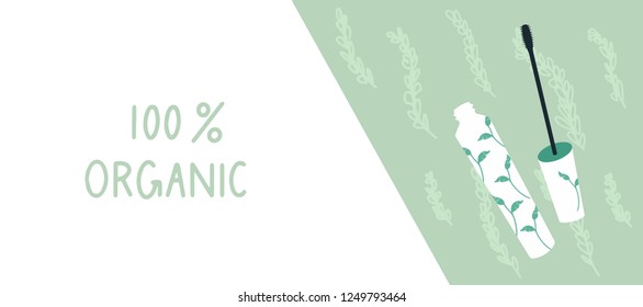 Mascara horizontal design template of brochures, booklets, posters, banners about organic cosmetics, organic shop. Vector illustration.
