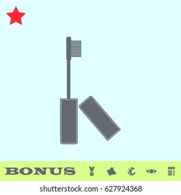 Mascara icon flat. Grey pictogram on blue background. Vector illustration symbol and bonus buttons medal, cow, earth, eye, calculator
