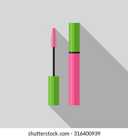 Mascara icon with long sgadow. Flat, vector, illustation.