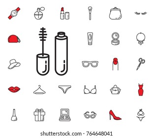 Mascara Icon On White Background. Beauty, Cosmetic, Shopping And Makeup Vector Icons Set . Cosmetic Products, Makeup Brushes, Lipstick, Perfume, Eye Makeup. Women Accessories. Fashion Icons