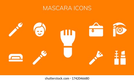 mascara icon set. 9 filled mascara icons. Included Makeup, Nail dryer, Make up, Eyebrow pencil, Cosmetics icons