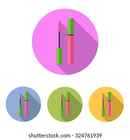 Mascara icon set. Flat design style modern vector illustration. Isolated on stylish color background. Flat long shadow icon.