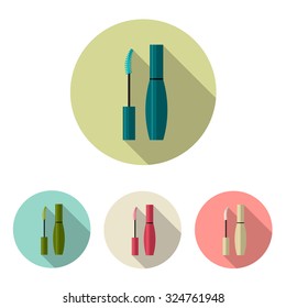 Mascara icon set. Flat design style modern vector illustration. Isolated on stylish color background. Flat long shadow icon.