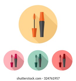 Mascara icon set. Flat design style modern vector illustration. Isolated on stylish color background. Flat long shadow icon.