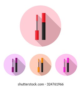 Mascara icon set. Flat design style modern vector illustration. Isolated on stylish color background. Flat long shadow icon.