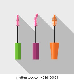 Mascara icon set with long sgadow. Flat, vector, illustation.