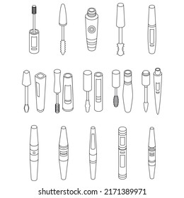 Mascara Symbole gesetzt. Isometrischer Satz von Mascara-Vektorsymbol-Umriss einzeln auf weißem Hintergrund