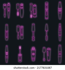 Mascara icons set. Isometric set of mascara vector icons neon on black