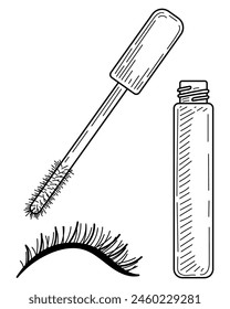 Mascara line art. Face makeup. Open tube. Tool with a brush. Eyelash dye. Hand drawn vector sketch illustration. Decorative cosmetics.