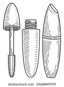 Mascara line art. Face makeup. Open and closed tube. Tool with a brush. Eyelash dye. Hand drawn vector sketch illustration. Decorative cosmetics.