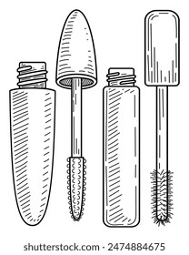 Mascara line art. Gel for eyebrows. Face makeup. Open tube. Tool with a brush. Eyelash dye. Hand drawn vector sketch illustration. Decorative cosmetics.