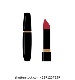 Mascara and lipstick on a white background