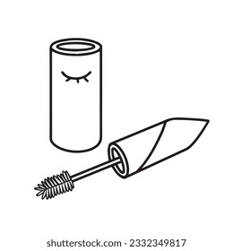 Mascara make up for eyelashes vector icon illustration outlined isolated on square white background. Small cute maskara simple flat drawing with cartoon art style.