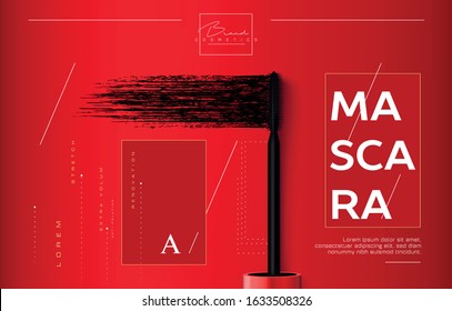 Mascara make-up flyer, booklet or brochure background. Brush and mascara tube. Red tube on red background. Fashionable cosmetics Make up design for Eyes