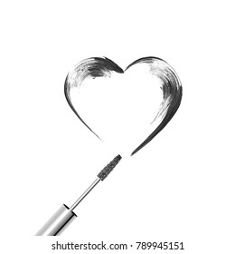 Mascara metallic tube, brush, black grunge swatch in heart shape isolated on white, vector illustration. Woman's cosmetics concept.