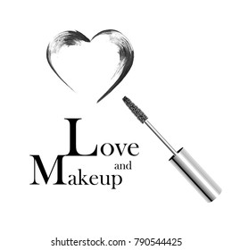 Mascara metallic tube, brush, black grunge swatch in heart shape isolated on white, vector illustration. Makeup and Love fashion inscription. Woman's cosmetics concept.