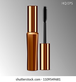 Mascara mockup gold package with eyelash applicator brush. 3D realistic cosmetic Vector Illustration. Eyeliner Design Promotion Product. 