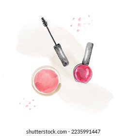 Mascara, nail polish and blushes. Watercolour design for cards, banners, polygraphy, wallpapers, textile products, social media.