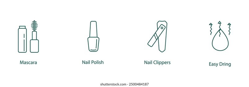 Mascara, Nail Polish, Nail Clippers, Easy Drying Vector Icon Set