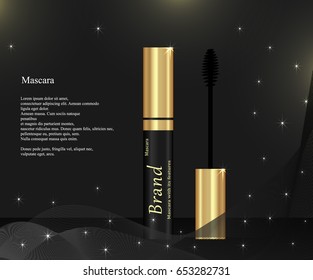 Mascara on dark background with smoke and the words with brush