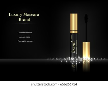 Mascara on dark background with the words with brush