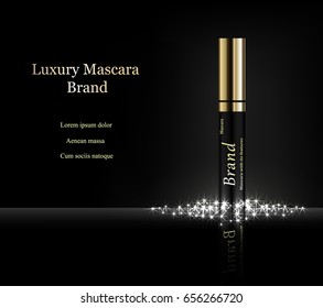 Mascara on dark background with the words with brush