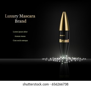 Mascara on dark background with the words