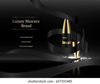 Mascara on dark background with the words with brush