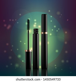 Mascara on a green-blue background, cosmetics packaging and brush-applicator, vector illustration.