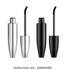 Mascara packaging template. Black and steel blank container with rubber brush applicator. Eye makeup vector realistic products isolated on white background.