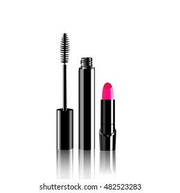 Mascara and pink lipstick isolate on white background.