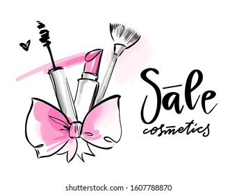 Mascara, pink lipstick, makeup brush and bow fashion sketch on white background for cosmetics sale banner design.