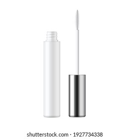 Mascara primer packaging template. White plastic blank container with brush applicator and metal cap. Eyelashes serum realistic mockup isolated on white background.