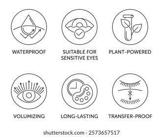 Mascara properties and benefits icons set. Waterproof, Suitable for sensitive eyes, Plant-powered. Volumizing, Long-lasting and Transfer-proof. Pictograms for labeling in thin line