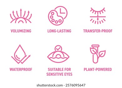 Mascara properties and benefits icons set. Waterproof, Suitable for sensitive eyes, Plant-powered. Volumizing, Long-lasting and Transfer-proof. Pictograms for labeling in bold line