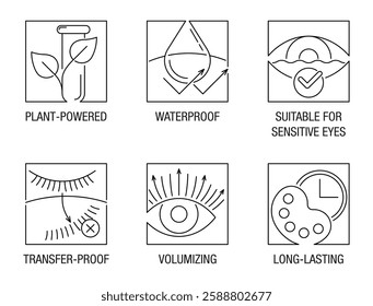 Mascara properties and benefits icons set. Waterproof, Suitable for sensitive eyes, Plant-powered. Volumizing, Long-lasting and Transfer-proof. Pictograms for labeling in thin line and square shape