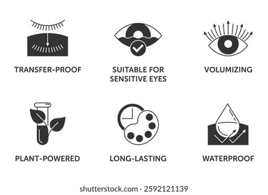 Mascara properties and benefits icons set. Waterproof, Suitable for sensitive eyes, Plant-powered. Volumizing, Long-lasting and Transfer-proof. Pictograms for labeling in monochrome style