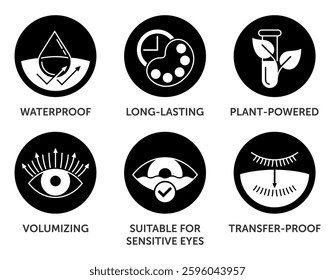 Mascara properties and benefits icons set. Waterproof, Suitable for sensitive eyes, Plant-powered. Volumizing, Long-lasting and Transfer-proof. Pictograms for labeling in monochrome style and circle