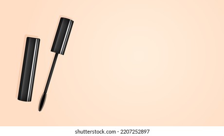 Mascara realistic brush on pastel background. Black makeup tube open. Realistic mascara eyelash, copy space banner. Woman eye ink 3d container wallpaper. Beauty advertisement template. Cosmetic mockup