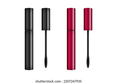 Conjunto de brochas realistas de mascara aisladas en fondo blanco. Tubo de maquillaje negro y rojo. Ele de cara de cara. Las mujeres se enfrentan a los contenedores 3d. Plantilla de publicidad de belleza. Mofa cosmética de lujo. Tinta premium