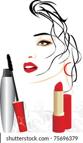 Mascara, red lipstick and female portrait. Vector